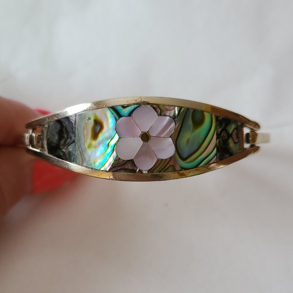 Vintage Alpaca Mexico Hinge Bracelet Artisan Shell Pink Flower